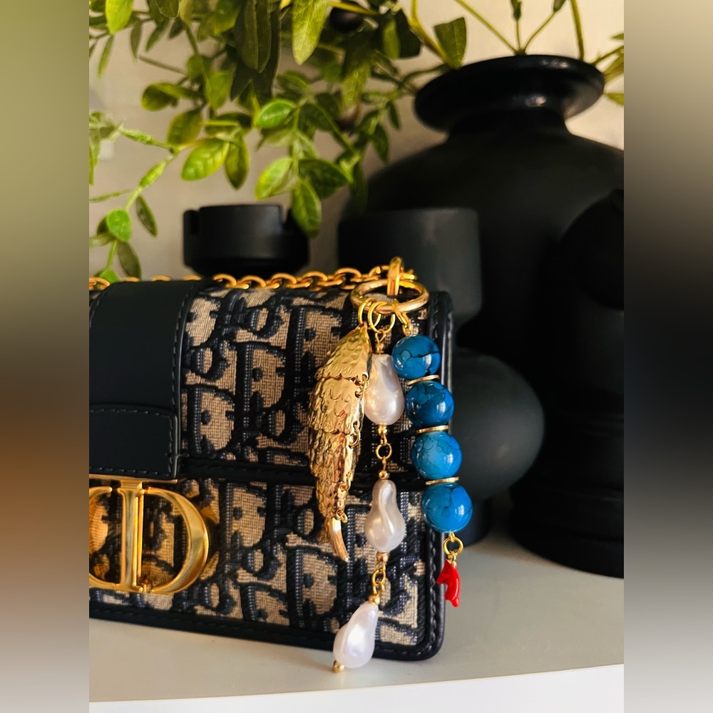 Gold Fish Keychain with Baroque Pearls, Blue Beads, Red Coral charm